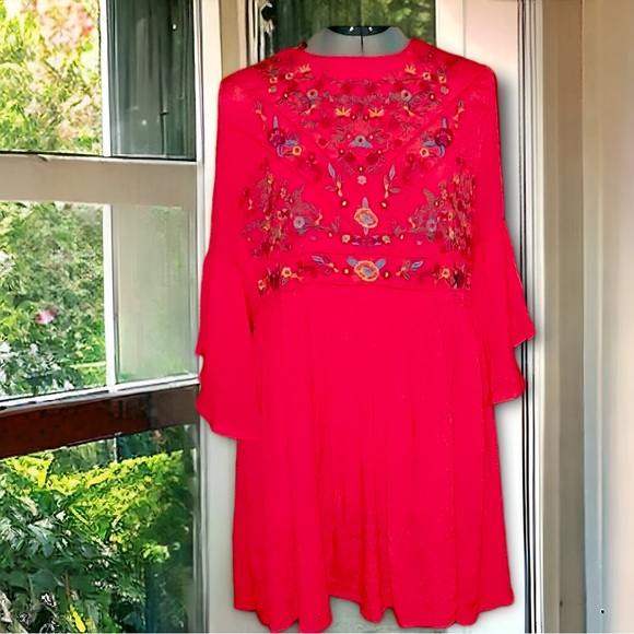 Umgee Red Adrienne Bell Sleeve Ruffle Dress S Babydoll Embroidered Boho - Picture 3 of 13